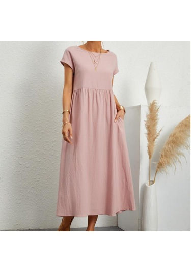 2022 Yeni Düz Renk Kolsuz Etek Gevşek Pamuk Keten Elbise Ekleme Cepler Elbise Pembe