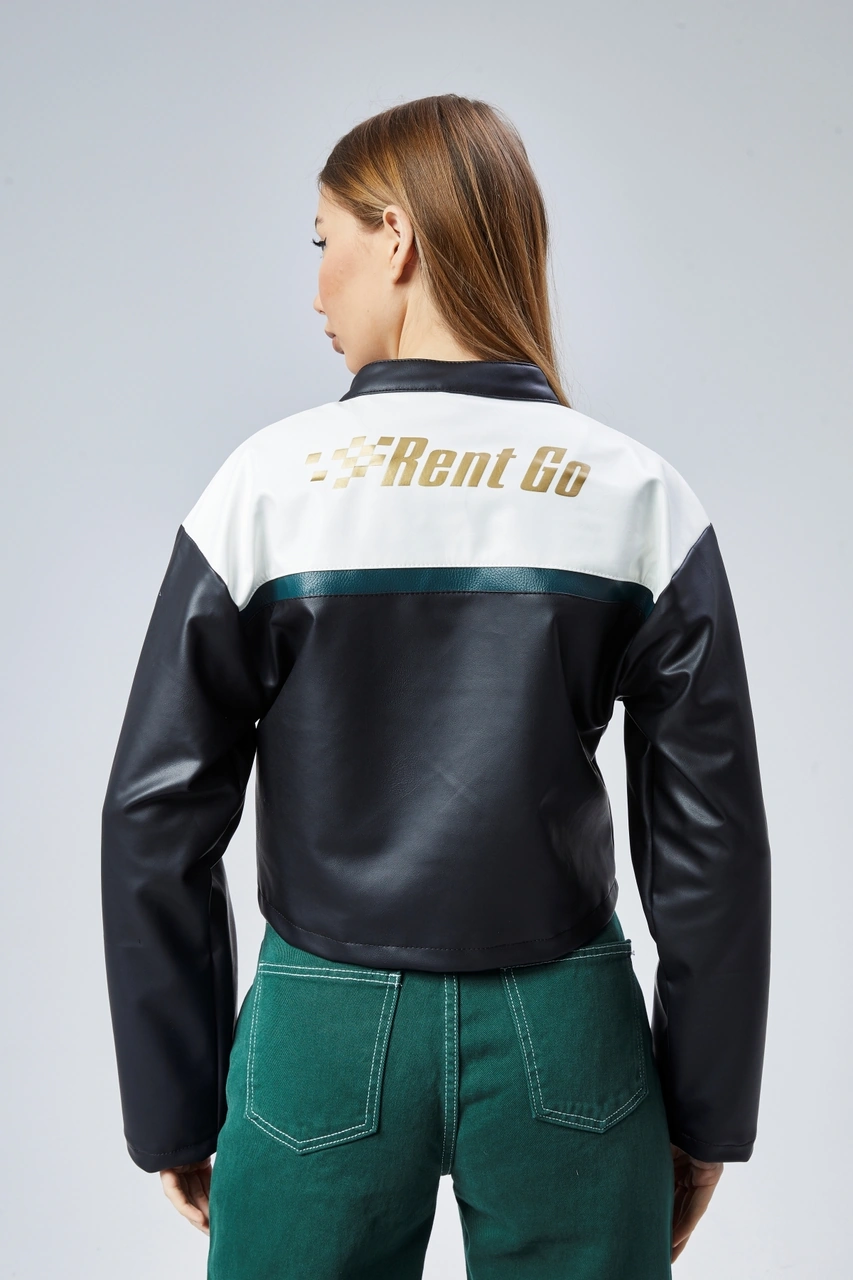 Kadın Oversize Baskılı Deri Şeritli Motorcu Montu Kısa Fermuarlı Yarışçı Ceketi Bomber Kolej Mont Yeşil