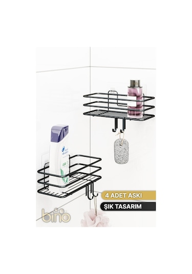 Bino 2li Set Banyo Düzenleyici Şampuanlık Mat Siyah Yapışkanlı 4 Askılı Duş Rafı Paslanmaz Organizer Siyah