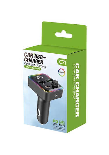C71 Bluetooth Araç Şarj Cihazı 3'ü 1 Arada Pd 30w Çakmak Şarj Adaptörü, Fm Vericili