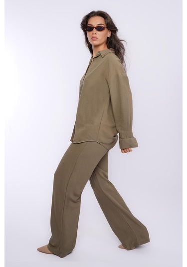 Madmext Haki Keten Kadın Gömlek Pantolon İkili Takım Mg2356 Haki