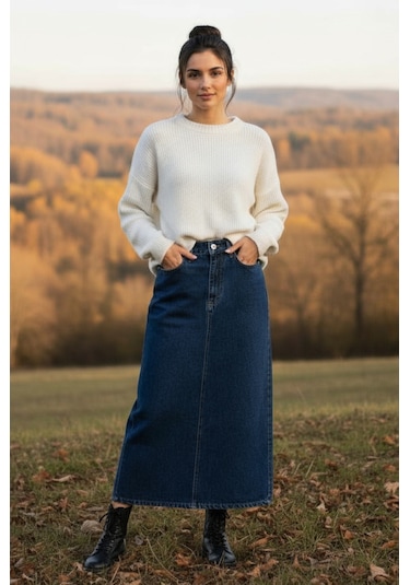 Dema Kadın Koyu Mavi Pamuklu Denim Etek Koyu Mavi