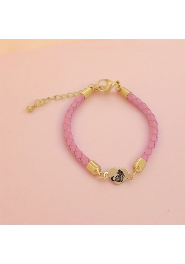 Archin Kedi Temalı Pembe Derili Kalp Figürlü 14 Ayar Altın Plakalı Hediye Bileklik-473sembol Kedi Sembolü