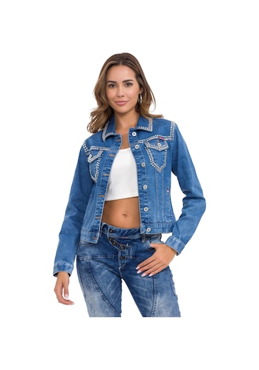 Wj213 Kadın Gümüş İşlemeli Denim Ceket 001