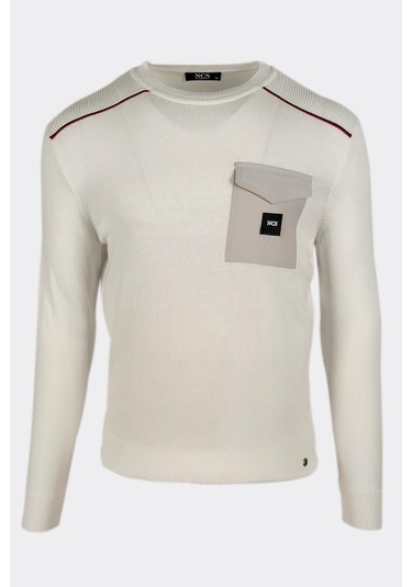 Erkek Triko Bisiklet Yaka Cep Detaylı Beyaz 3753 Gri