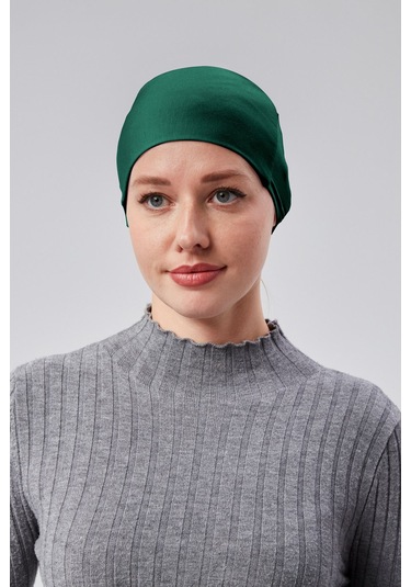 Kadın Tesettür Likralı Penye Dikişsiz Kaymaz Düz Bağlamalı Bone Yeşil