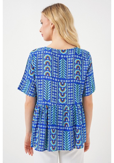 Kadın Desenli Kısa Kol Bluz 969 - Saks Saks