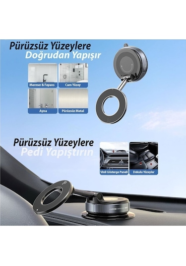 Manyetik Magsafe İle Uyumlu 360 Dönen Ayarlanabilir Araç İçi Telefon Tutucu Vakumlu Katlanabilir K007