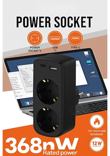 Çoklu Priz Yüksek Gerilim Korumalı 2'li Priz 1xusb 1xtype-c Çıkışlı Grup Priz Çoğaltıcı 0 M