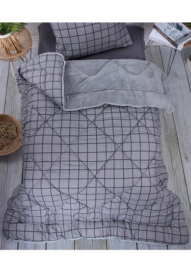 Tek Kişilik Lüx Çift Taraflı Pufidik Desenli Wellsoft Yorgan 155x215 + 1 Adet Yastık Kılıfı Antrasit - Gri
