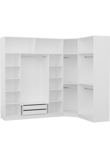 Kaleplus 7 Kapaklı 2 Çekmeceli Köşe Dolap + Yüklük Beyaz Mebran Beyaz Çizgili 255cm Beyaz