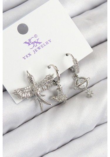 Pirinç Zirkon Taşlı 3'lü Kuş Model Gümüş Renk Kadın Küpe Çok Renkli