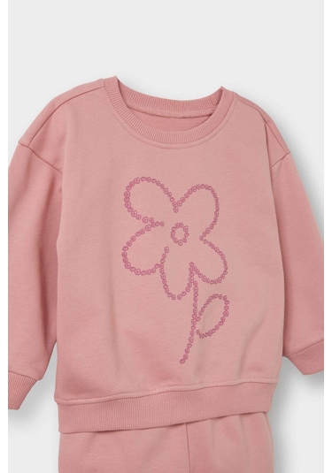 Defacto Kız Bebek 2li Takım İçi Yumuşak Tüylü Baskılı Sweatshirt Eşofman Altı E8995a525aupn111 Pembe