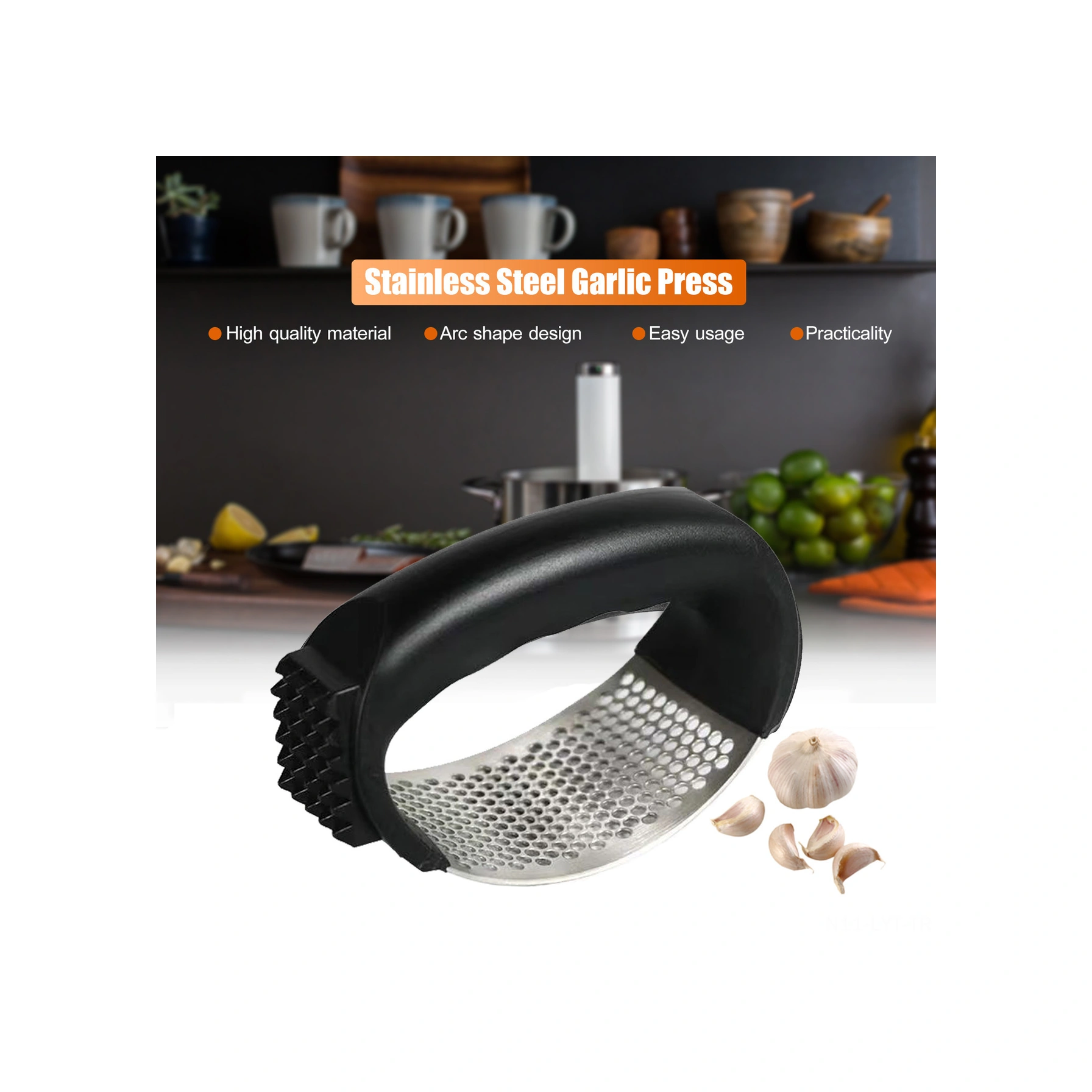 Youtek Stainless Steel Zencefil Ezici - Pratik Mutfak Aleti, Kolay Kullanım, Dayanıklı Malzeme, Taze Sarımsak Ezme, El Kokusuz, Temizliği Kolay Siyah