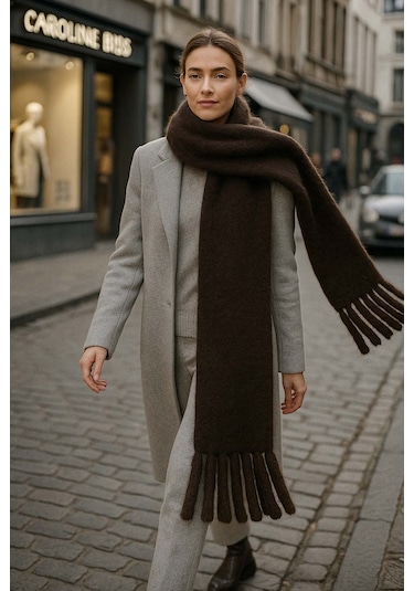 Kadın Püskül Detay Atkı Omuz Şalı 40x200 Cm 1295 Kahverengi Kahverengi