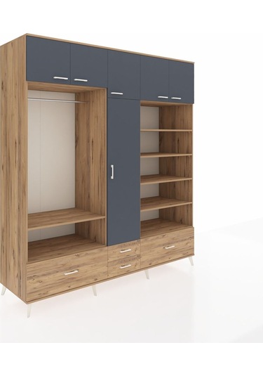 Kronos Dolap 18 Raflı 4 Çekmeceli Tek Askılı 220x59x243 Çam-antrasit/çam Antrasıt/atlas Çam