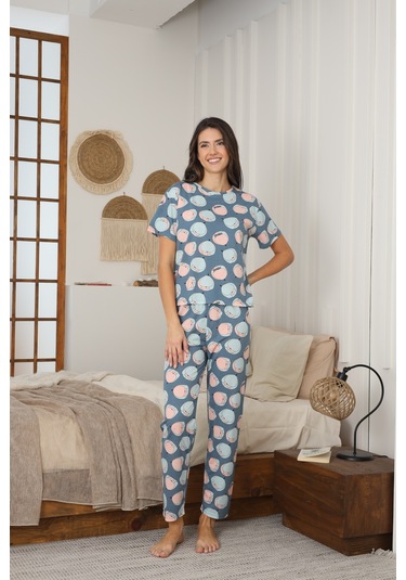 Kadın Yazlık Kısa Kol Penye Süprem Kumaş Pijama Takımı Mavi Turuncu