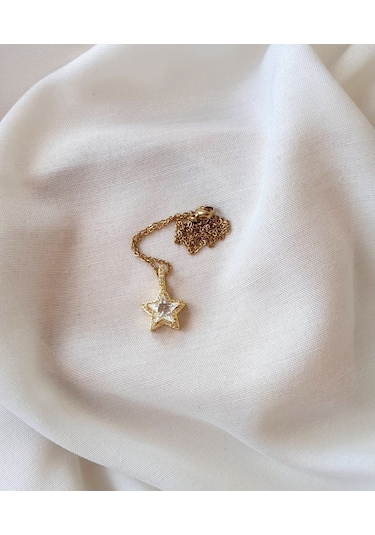 Yıldız Altın Kaplama Zirkon Taşlı Kolye Beyaz