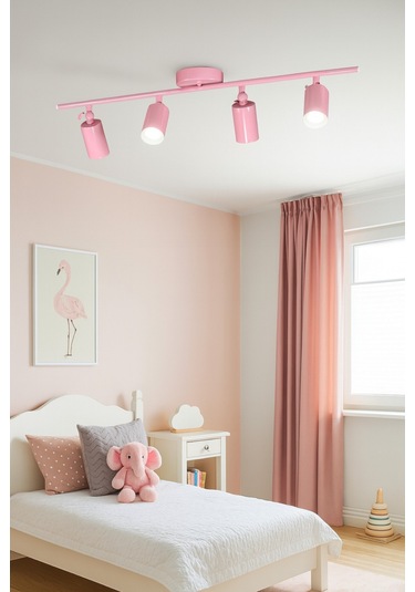 Spoti 4'lü Pembe Renk Beyaz Işık Modern Tasarım Salon - Mutfak - Banyo Spot Ledli Sıralı Avize Pembe