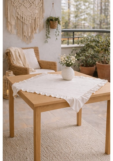 Fırfırlı Keten 80x80 Fiskos Runner Bohem Masa Örtüsü