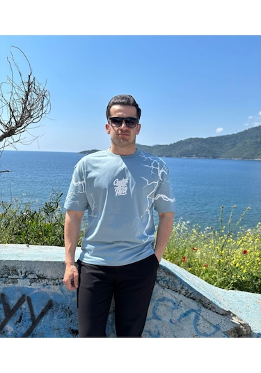 Erkek Bisiklet Yaka Oversize Baskılı T-shirt Turkuaz