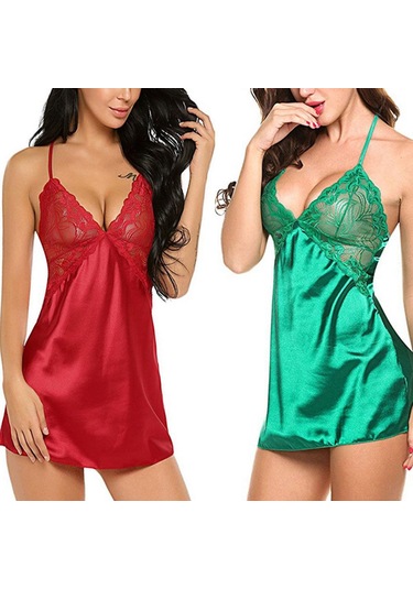 Homyl Kadın Babydoll Lingerie Pürüzsüz Pijama T-geri Set Yeşil