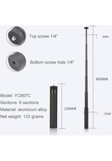 Tongxida Yc667c Uzatma Çubuğu Sabitleyici Özel Selfie Uzatma Çubuğu Feiyu G5 / Spg / Wg2 Gimbal, Djı Osmo Pocket / Pocket 2 İç
