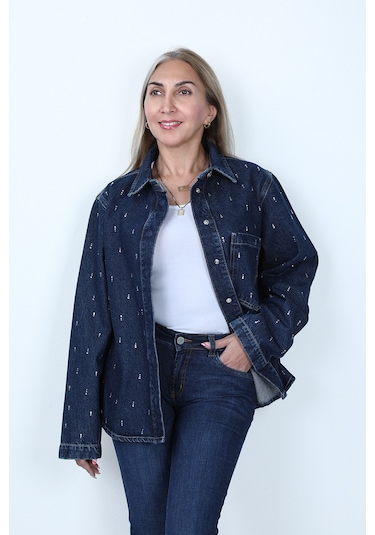Denim Taşlı Gömlek Mavi
