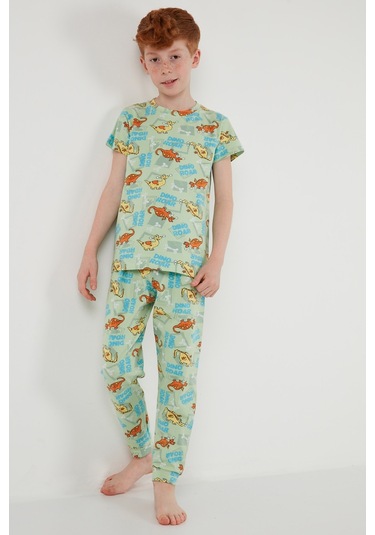 Lela Desenli % 100 Pamuk Bisiklet Yaka Erkek Çocuk Pijama Takımı 6651003 Mint