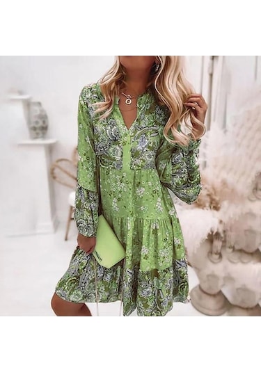 Novahub Kadın V Yaka Volan Baskılı Şifon Günlük Elbise Yeşil - S Yeşil