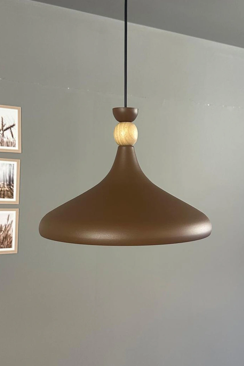 Sütlü Kahve Ahşap Şapka Tekli Avize Sarkıt Salon Mutfak Cafe Butik Lamba Aydınlatma Avizeler Sütlü Kahve