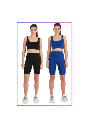 Kadın Yüksek Bel Toparlayıcı Şort Tayt Siyah & Mavi 2'li Paket Lycralı Biker Shorts 21070 Siyah - Mavi