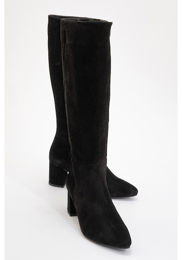 Sejas Siyah Hakiki Deri Süet Kadın Topuklu Çizme Siyah Süet
