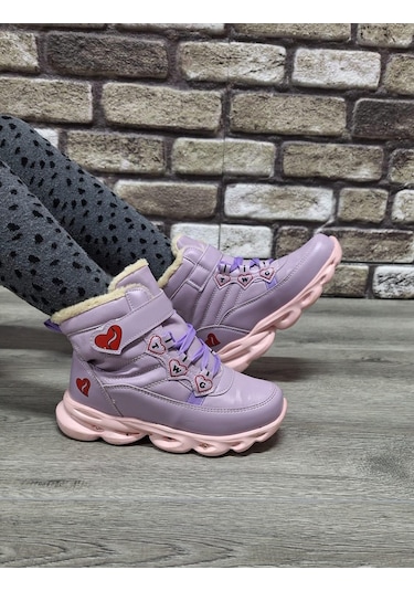 İçi Kürklü Kaydırmaz Kauçuk Taban Su Geçirmez Işıklı Çocuk Botu Lila