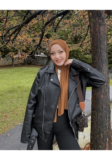 Kadın Siyah Oversize içi Kürklü Kemerli Biker Deri Ceket Siyah