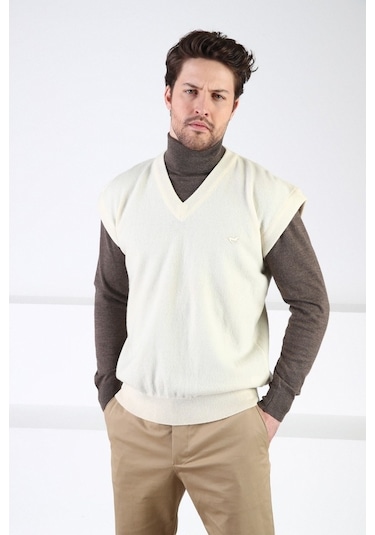 Ferraro Ekru V Yaka %100 Kuzu Yünü Erkek Süveter