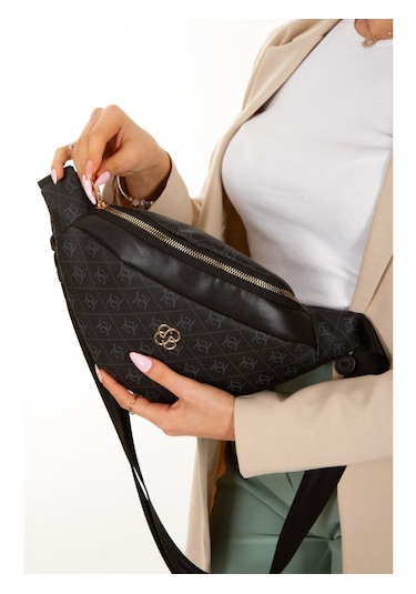 Newish Polo Kadın Desenli Çapraz Omuz Askılı Bel Omuz Çanta Siyah