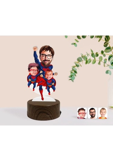 Kişiye Özel Süper Baba Ve Çocuklar Karikatürlü Dekoratif 3D Biblo