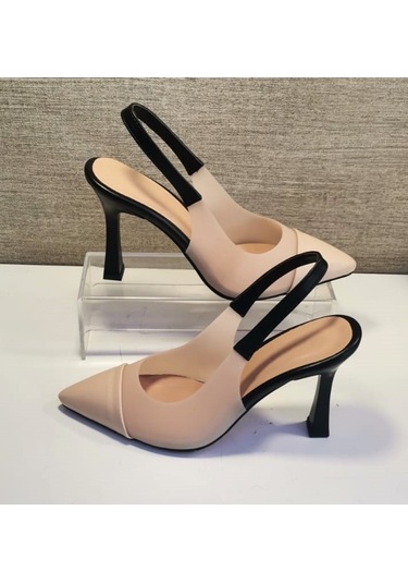 New Angel 897 Kadın Topuklu Şeffaf Detaylı Arkası Açık Ayakkabı Ten - Siyah