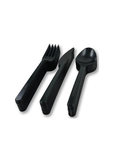 Sert Kalın Plastik Çatal - Bıçak - Kaşık 1. Kalite Lüks Siyah Çatal - Kaşık - Bıçak 3 Lü Set 500 Adet Siyah