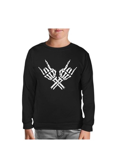 Skeleton Hands Doing Rock Gesture Siyah Çocuk Sweatshirt 001