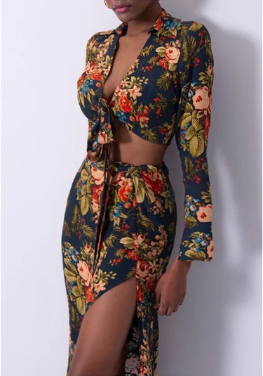 Çiçekli Asimetrik Etek Yakalı Bağlamalı Bohem Etek Bluz Kadın Ikili Takım Lacivert Lacivert