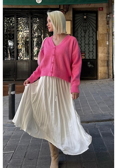 Pembe V Yaka Kadın Triko Hırka Mg2462 Pembe