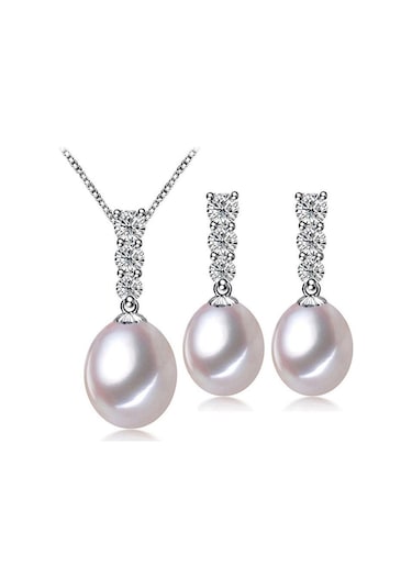 Beyaz Lsooyh Klasik Doğal Tatlı Su Inci Kolye Kübik Zirkonya Uzun Küpe Inci Takı Setleri Beyaz