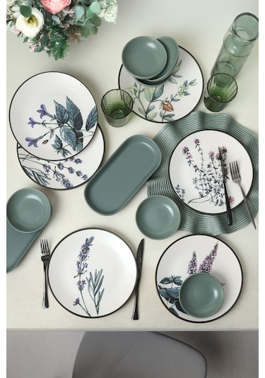 Keramika Çiçek Bahçesi Kahvaltı Takımı 14 Parça 6 Kişilik Mat Yeşil