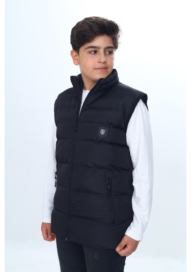 Toontoy Erkek Çocuk Su İtici Dik Yaka Fermuarlı Cepli Şişme Yelek Siyah