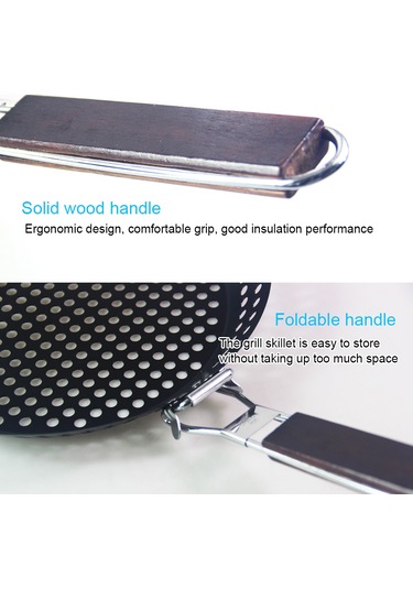 Ranyeek Siyah Metal Izgara Tava, Kaymaz Kaplama Ve Katlanabilir Kahverengi Ahşap Sap, Barbekü Ve Kamp İçin, Kolay Temizleme, 30.5cm Çapı Çok Renkli