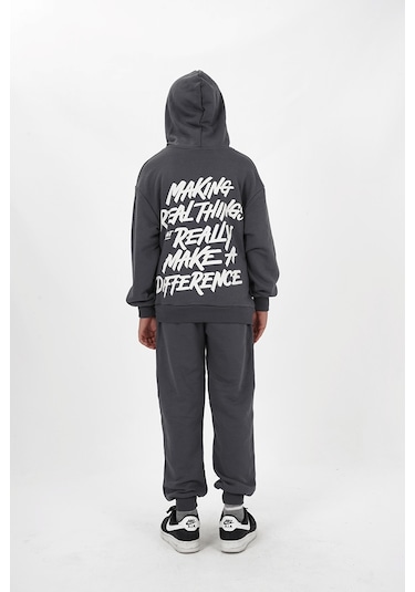 Erkek Çocuk Üç İplik Şardonsuz Kumaş Baskılı Kapüşonlu Eşofman Takımı Siyah