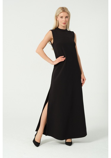 Derin Yırtmaç Basic Uzun Elbise Siyah