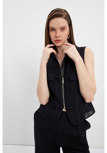 Stella Pulvis Siyah Fermuarlı Cepli Kuplu Bluz